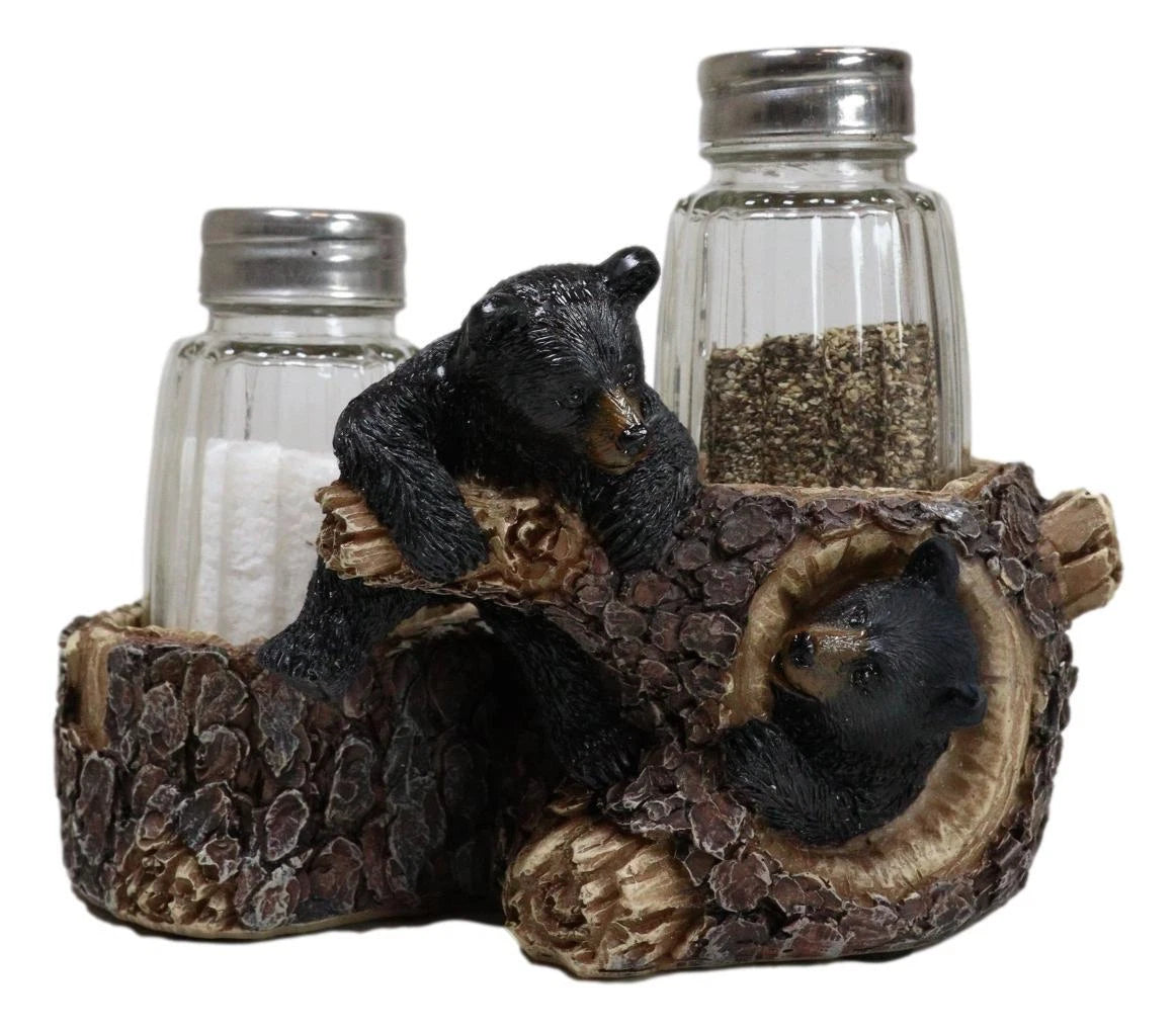Rustic Forest 2 Black Bear Cubs Playing By Tree Logs Salt Pepper Shakers Holder-8