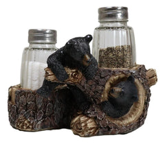 Rustic Forest 2 Black Bear Cubs Playing By Tree Logs Salt Pepper Shakers Holder-8