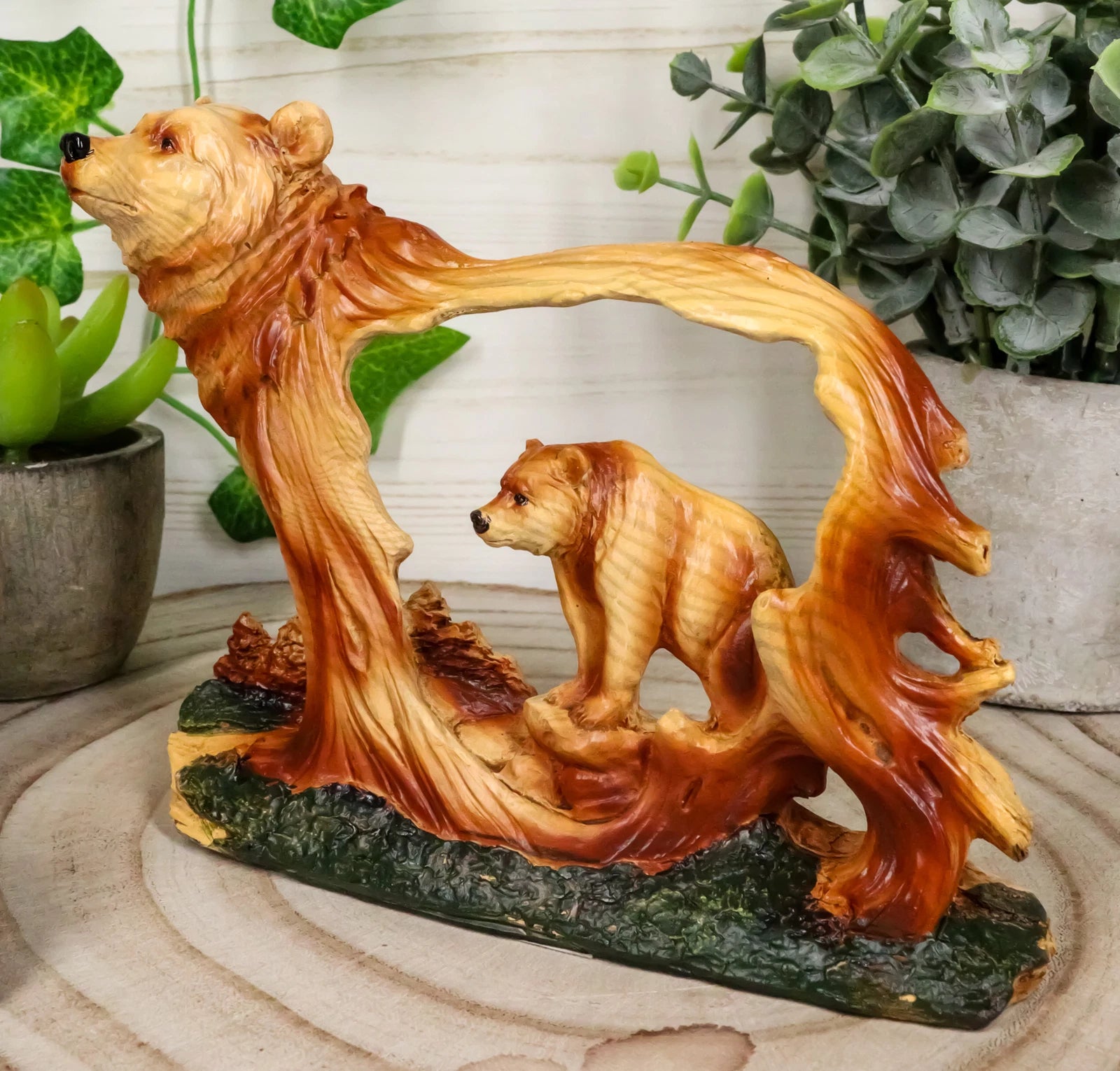 Rustic Faux Wood Wildlife Grizzly Bear With Cub Roaming The Forests Figurine-10