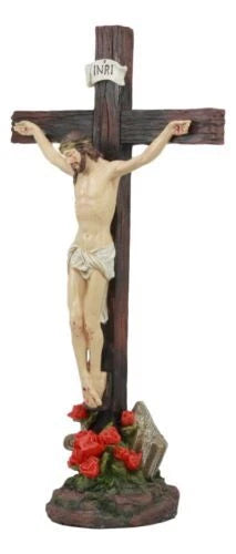 Jesus Christ On Cross W/ Rose of Sharon Base Decorative Crucifix Statue-10