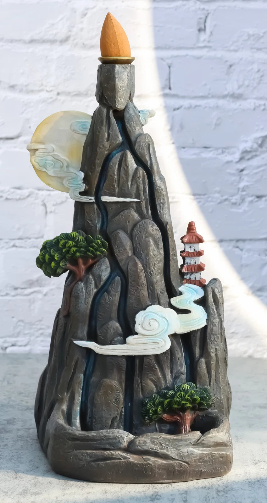 Feng Shui Rocky Mountain Top Buddhist Pagoda Temple Backflow Cone Incense Holder-9