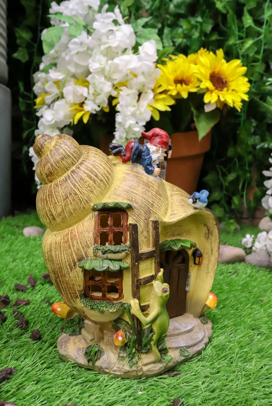 Fairy Garden Mr Gnome & Frog Mini Helix Snail Cottage House Figurine 7.5"L-2