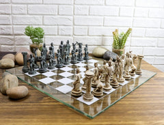Olympus At War Greek Olympian Deities Resin Chess Pieces W/Glass Board Set-1