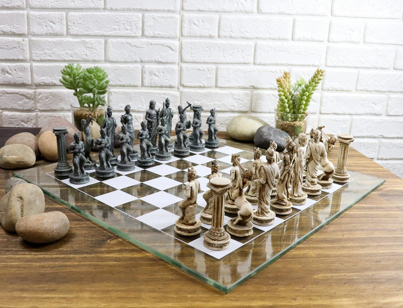 Olympus At War Greek Olympian Deities Resin Chess Pieces W/Glass Board Set-1