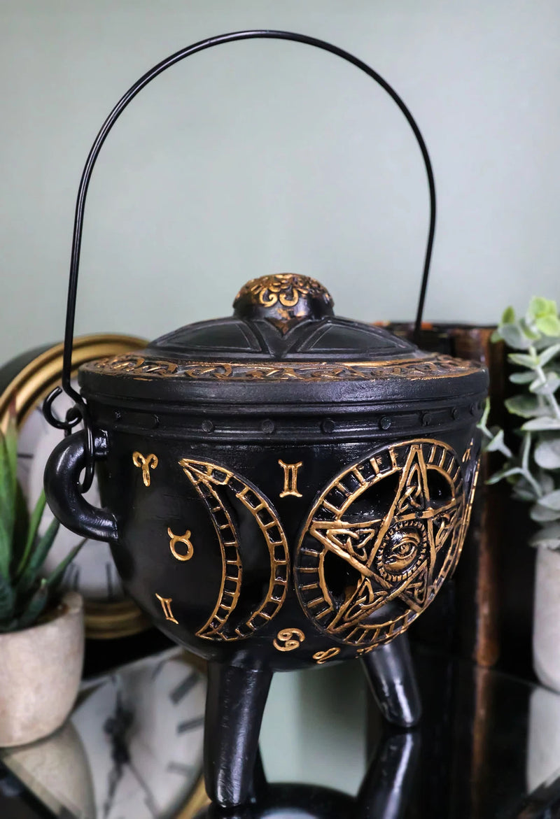 Celtic Wicca Black Magic Occult All Seeing Eye Pentagram LED Cauldron Figurine-5