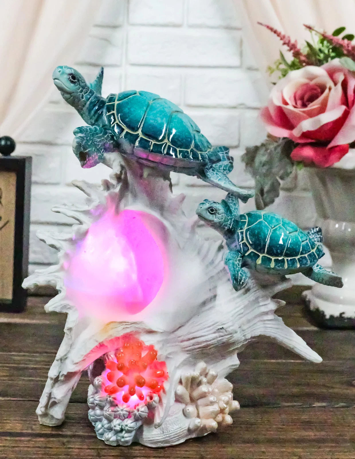 Colorful Nautical Sea Turtle Family Swimming By Big Conch With LED Light Statue-10
