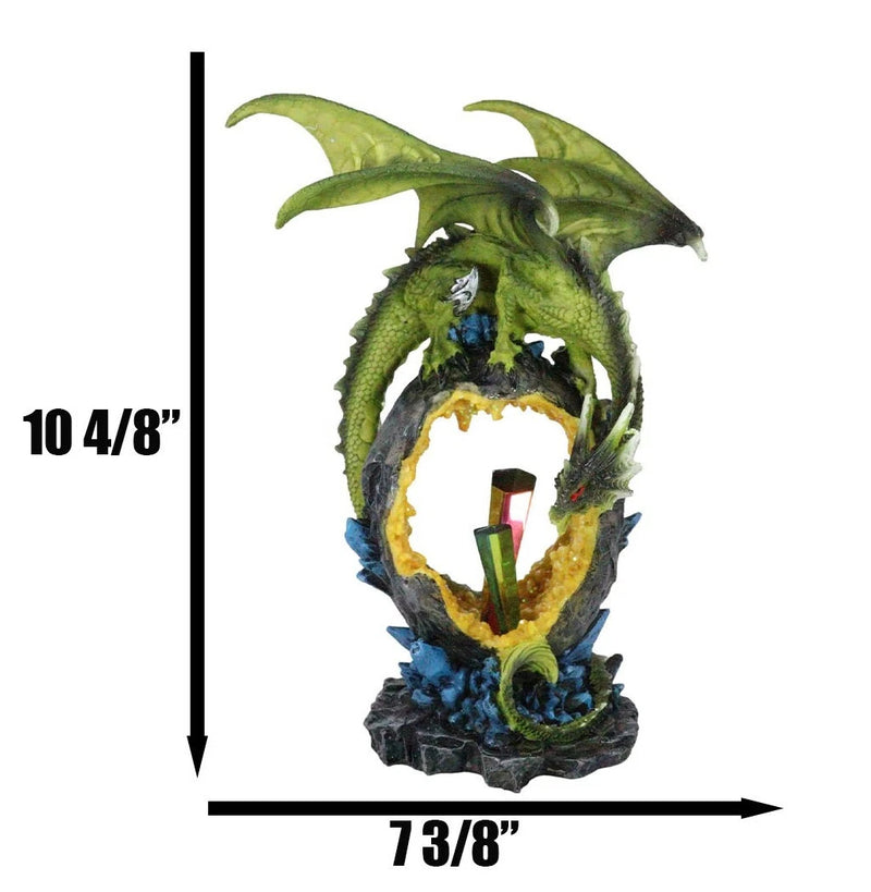 Green Dragon Guarding Faux Geode Crystal Arch Rock With Rainbow Icicle Figurine-10