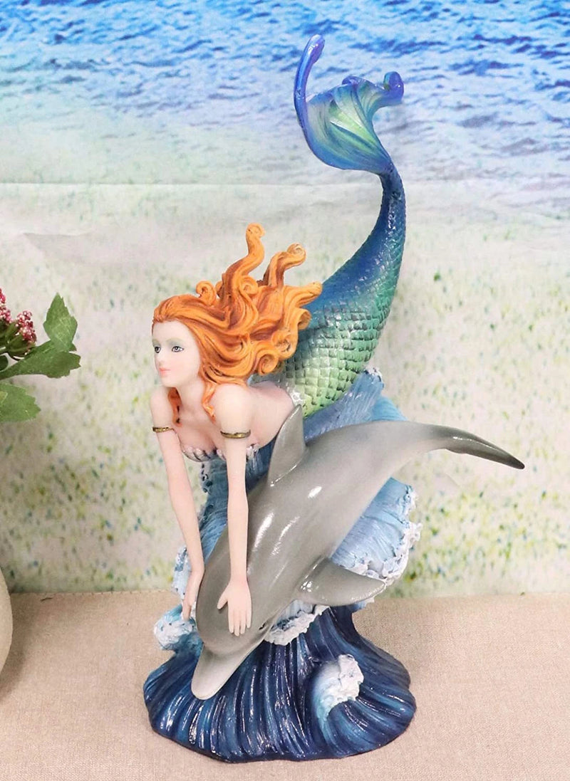 Sea Nautical Red Haired Mermaid Riding Dolphin Over The Ocean Waves Statue Decor-1