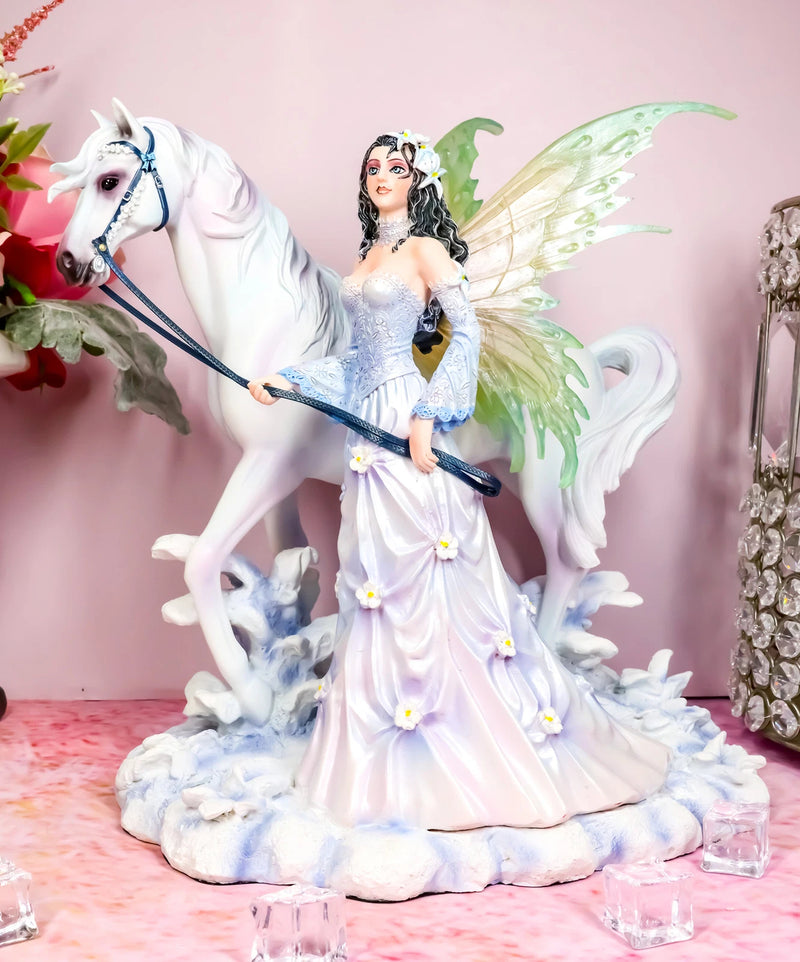 Aurora Borealis Winter Fairy With Sacred White Horse Statue 10"Long Nene Thomas-1