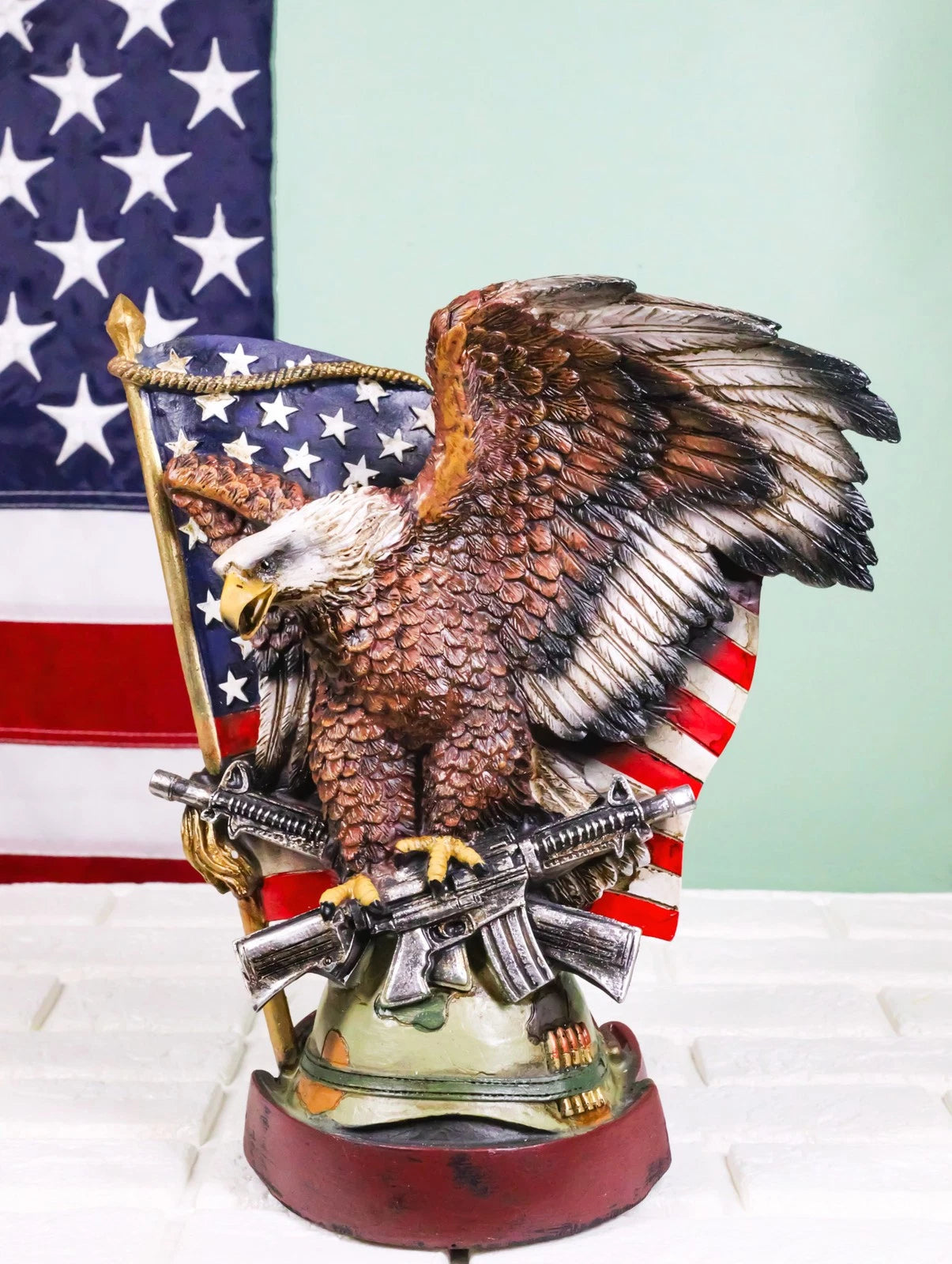 Bald Eagle With Crossed Rifles Soldier Helmet By Star Spangled US Flag Figurine-6