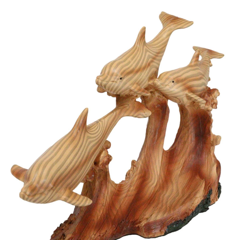 Nautical Marine Sea Ocean 3 Dolphins Swimming With Waves Faux Wood Figurine-8