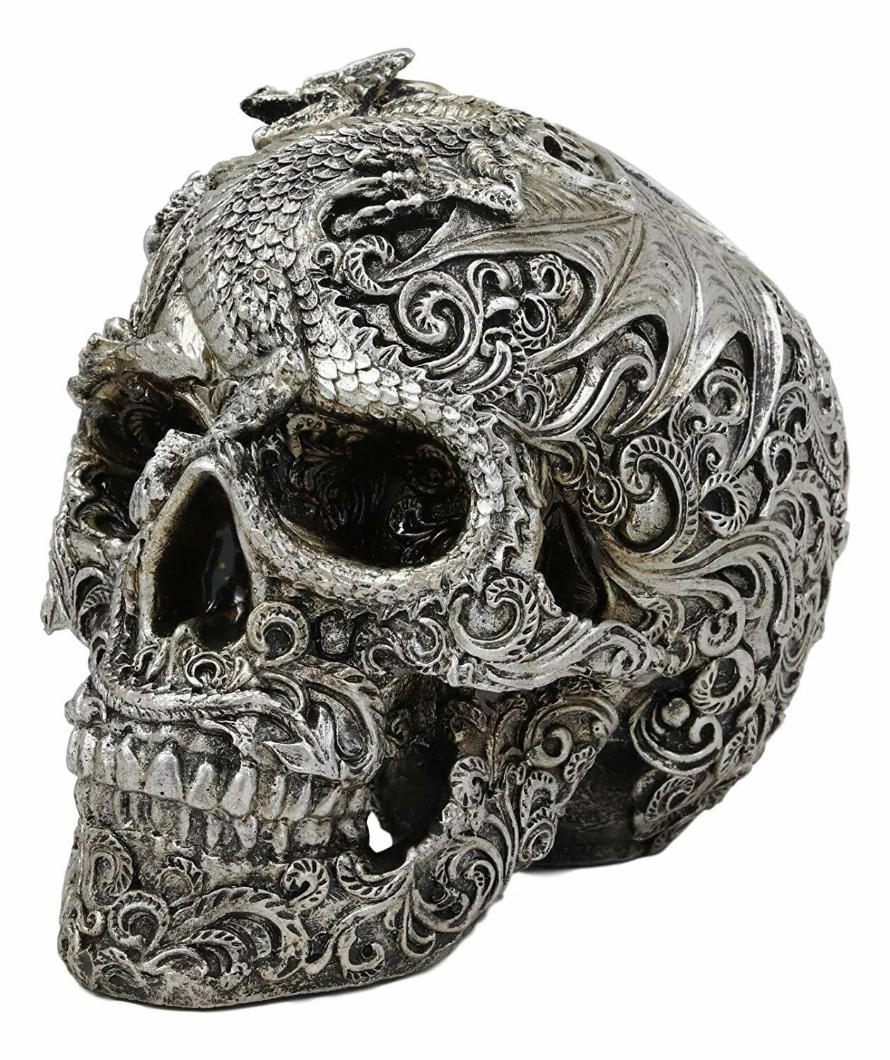 Flying Dragon On Tribal Le Fleur Floral Tattoo Skull Statue Halloween 7.5"L-7