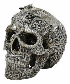 Flying Dragon On Tribal Le Fleur Floral Tattoo Skull Statue Halloween 7.5"L-7