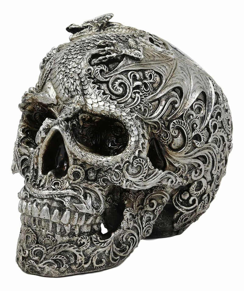 Flying Dragon On Tribal Le Fleur Floral Tattoo Skull Statue Halloween 7.5"L-7