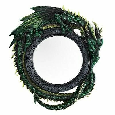 Gothic 11.75" Tall Jade Pagoda Green Intertwined Dragon Round Wall Mirror Plaque-4