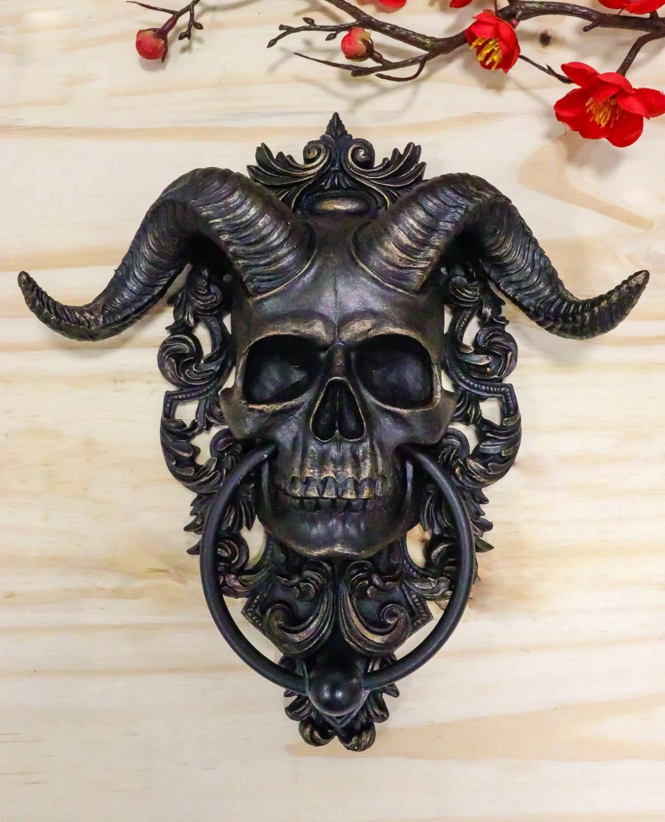 Baphomet Horned God Skull Hanging Door Knocker with Built in Striker Plate