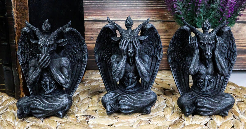 Goat of Mendes See Hear Speak No Evil Devil Baphomet Gargoyle Set of 3 Figurines-2