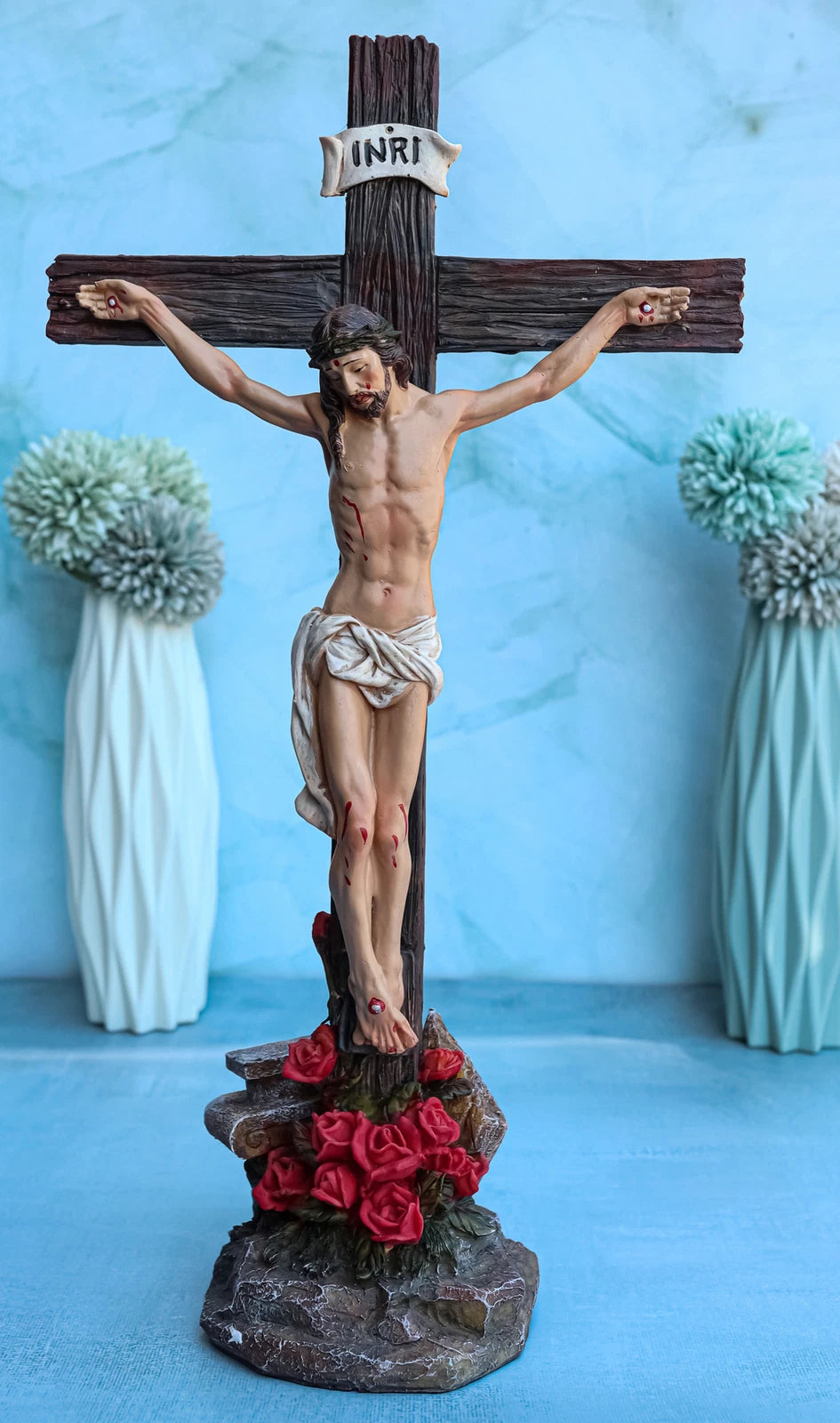 Jesus Christ On Cross W/ Rose of Sharon Base Decorative Crucifix Statue-11