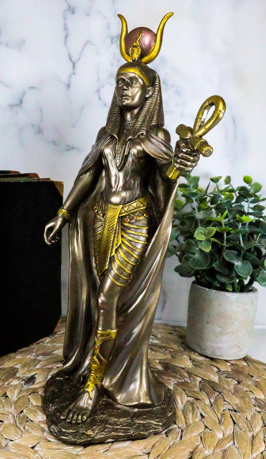 Egyptian Deity Goddess Hathor Holding Ankh Statue Patroness Of Love Motherhood-2
