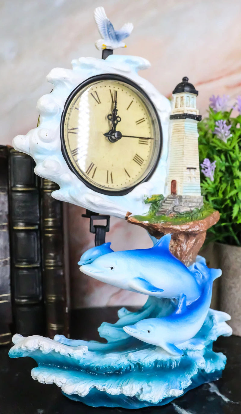 Nautical Marine Bottlenose Dolphins Family In Waves By Lighthouse Table Clock-2
