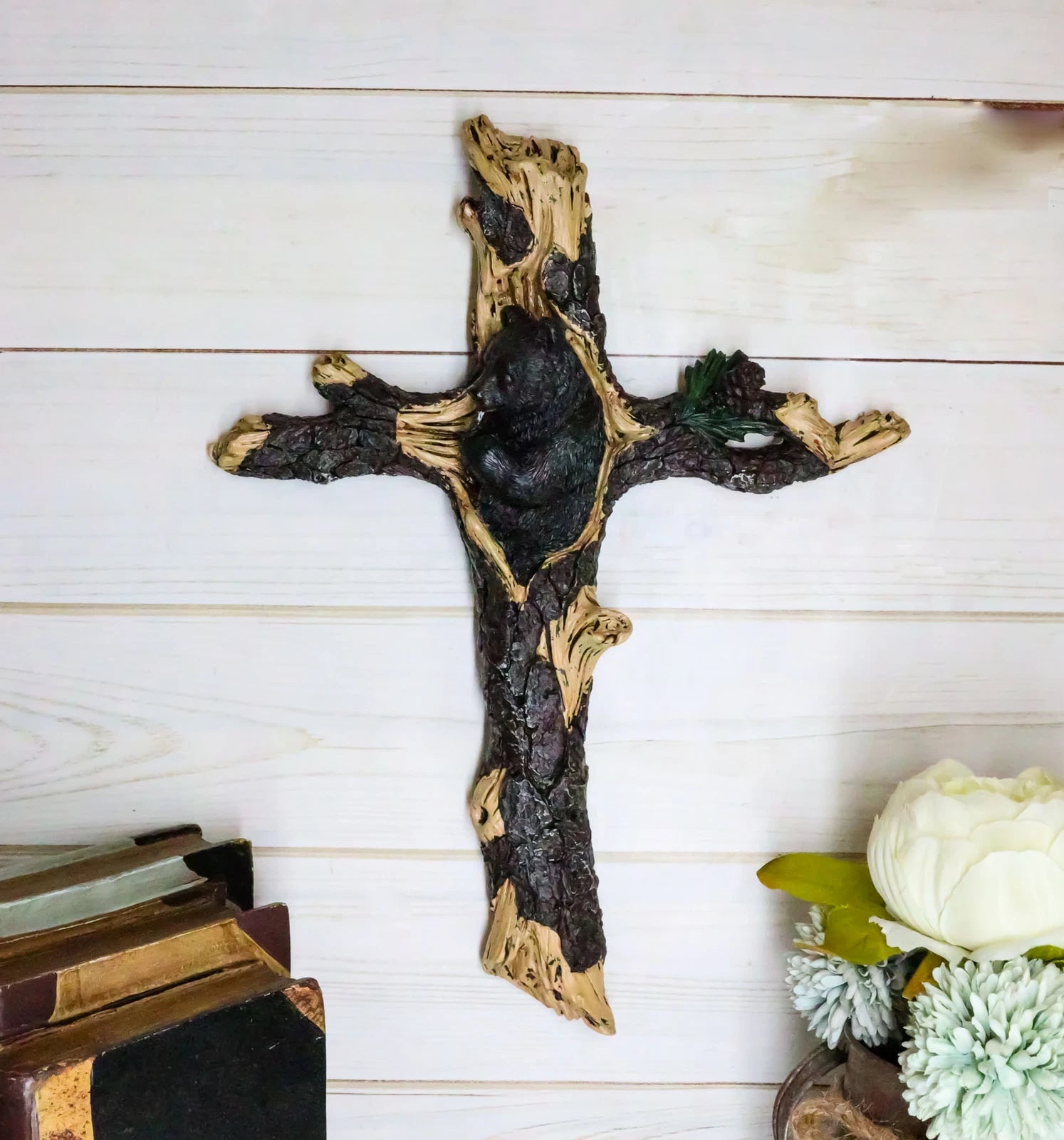 14"H Rustic Western Black Bear Cub Sleeping On Pine Tree Wall Cross Decor Plaque-7