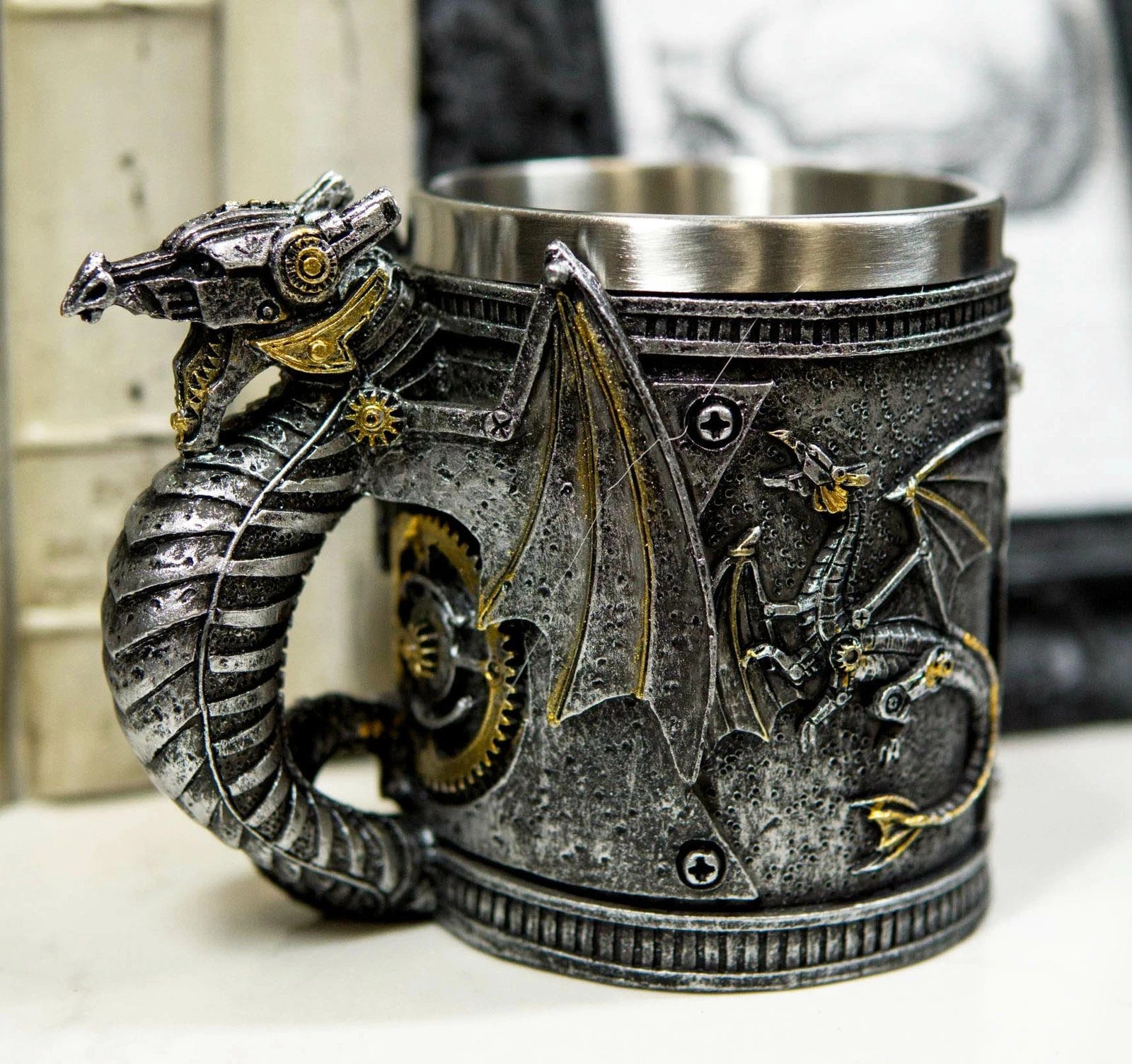 Silver Surfer Steampunk Cyborg Robotic Dragon Jarra de cerveza Jarra Taza de café-7