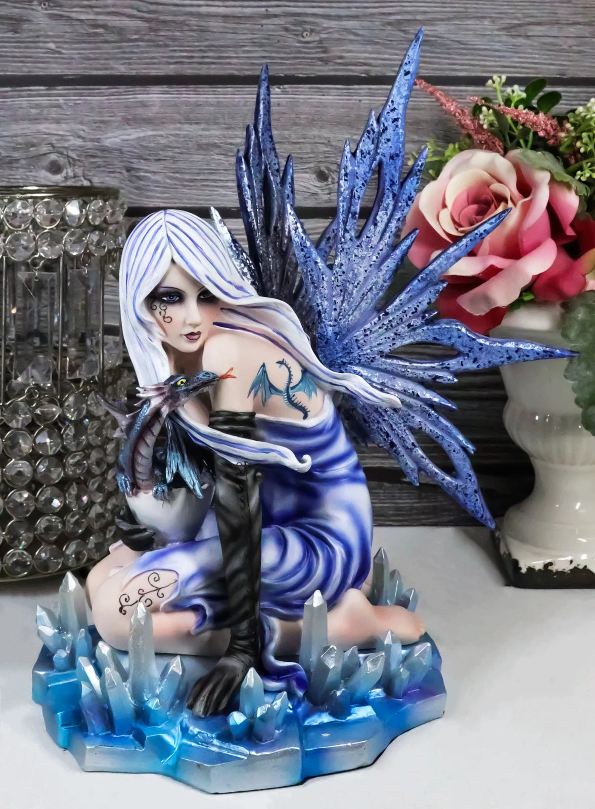Elemental Ice Goddess Blue Fairy With Baby Dragon Hatchling Statue 12.25"Tall