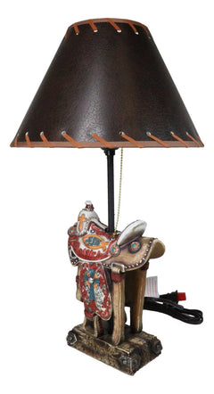 Rustic Western Cowboy Horse Saddle with Ichthys Jesus Fish Symbol Table Lamp-9