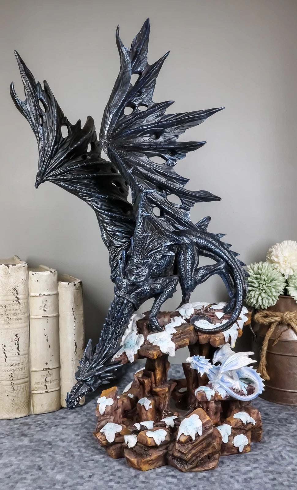 Large Dark Dragon with Frozen Ice White Baby Hatchling Statue 18.5" Tall-7