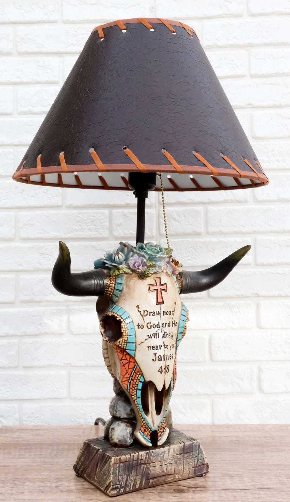 Lámpara de mesa con calavera de vaca de vaquero occidental y suculentas florales con versículo bíblico-7