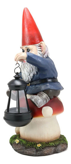 Large Whimsical Gnome On Toadstool Mushroom With Solar LED Lantern Light Statue-4