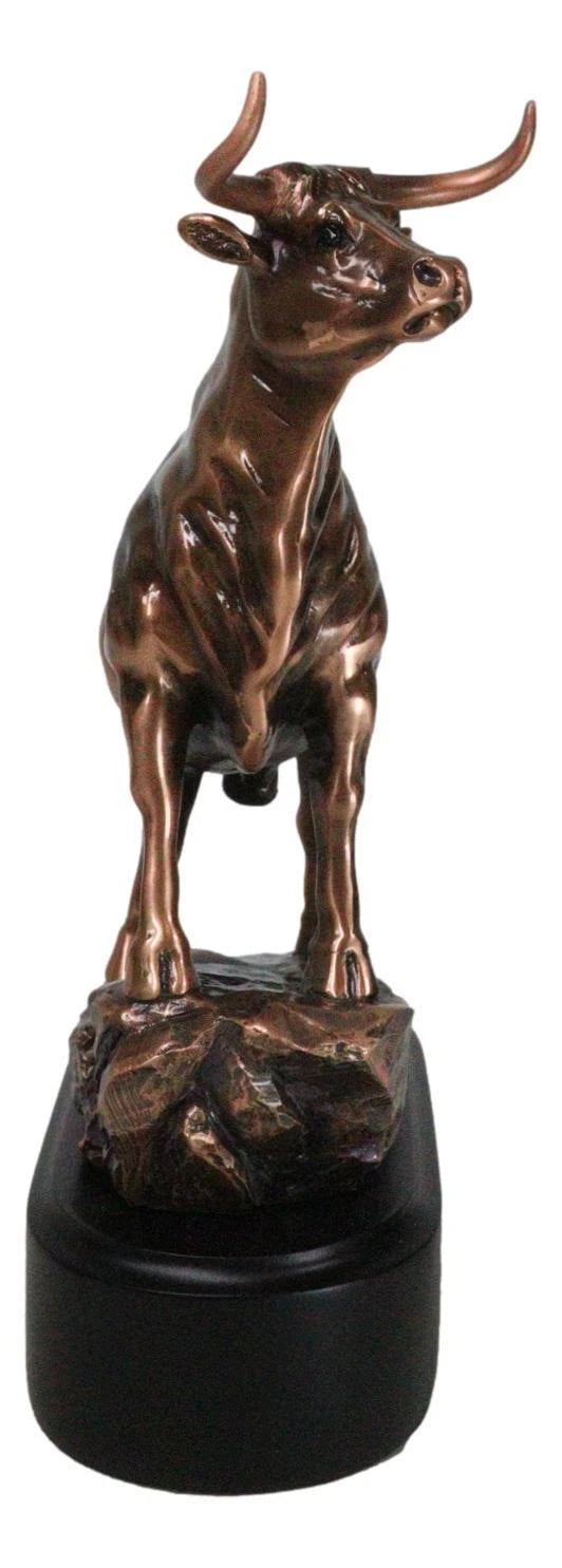 Western Wild Cattle Bull On Pride Rock Electroplated Resin Statue With Base-9