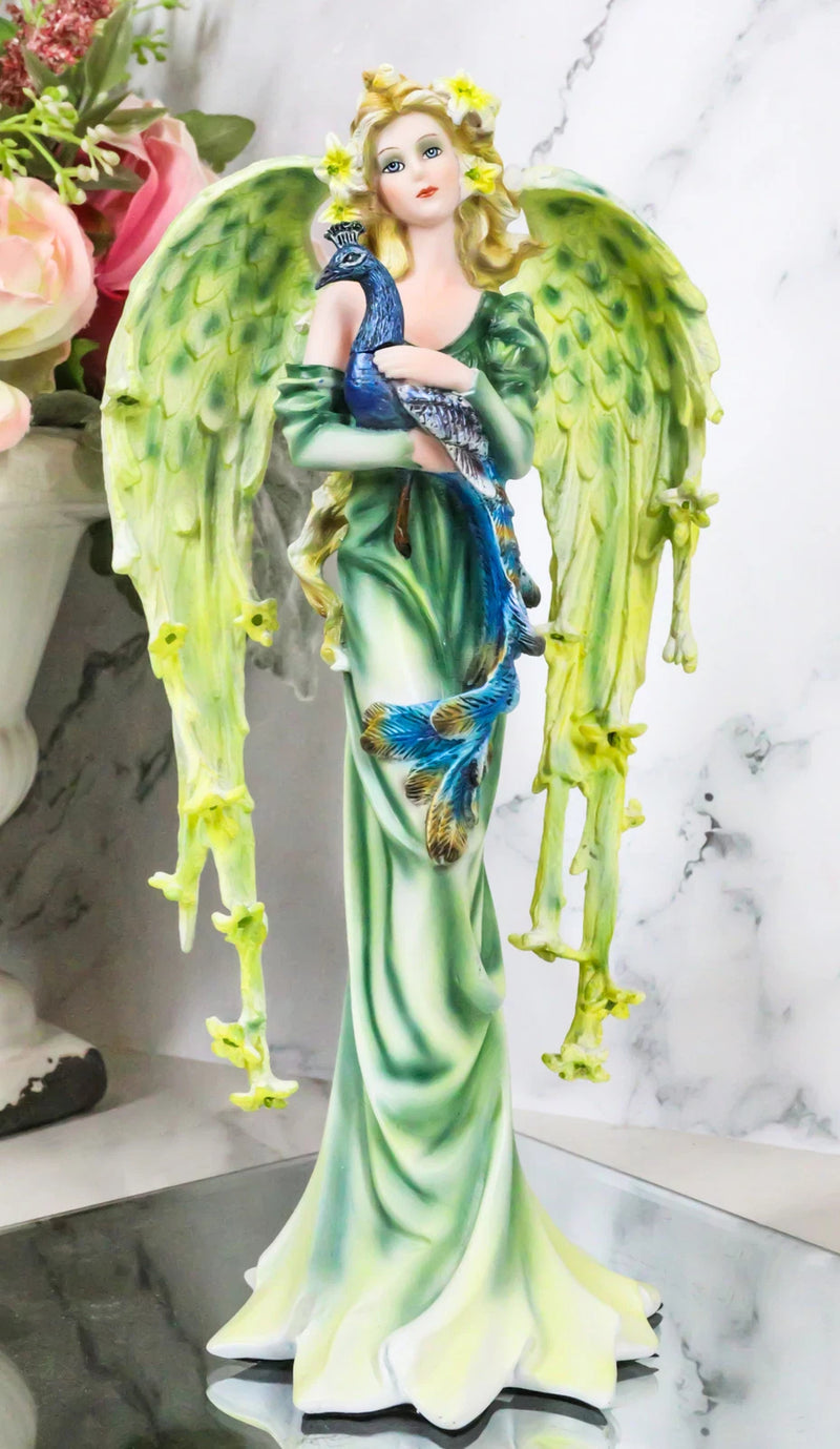 Beautiful Green Fairy With Colorful Flowers Carrying A Blue Peacock Figurine-1