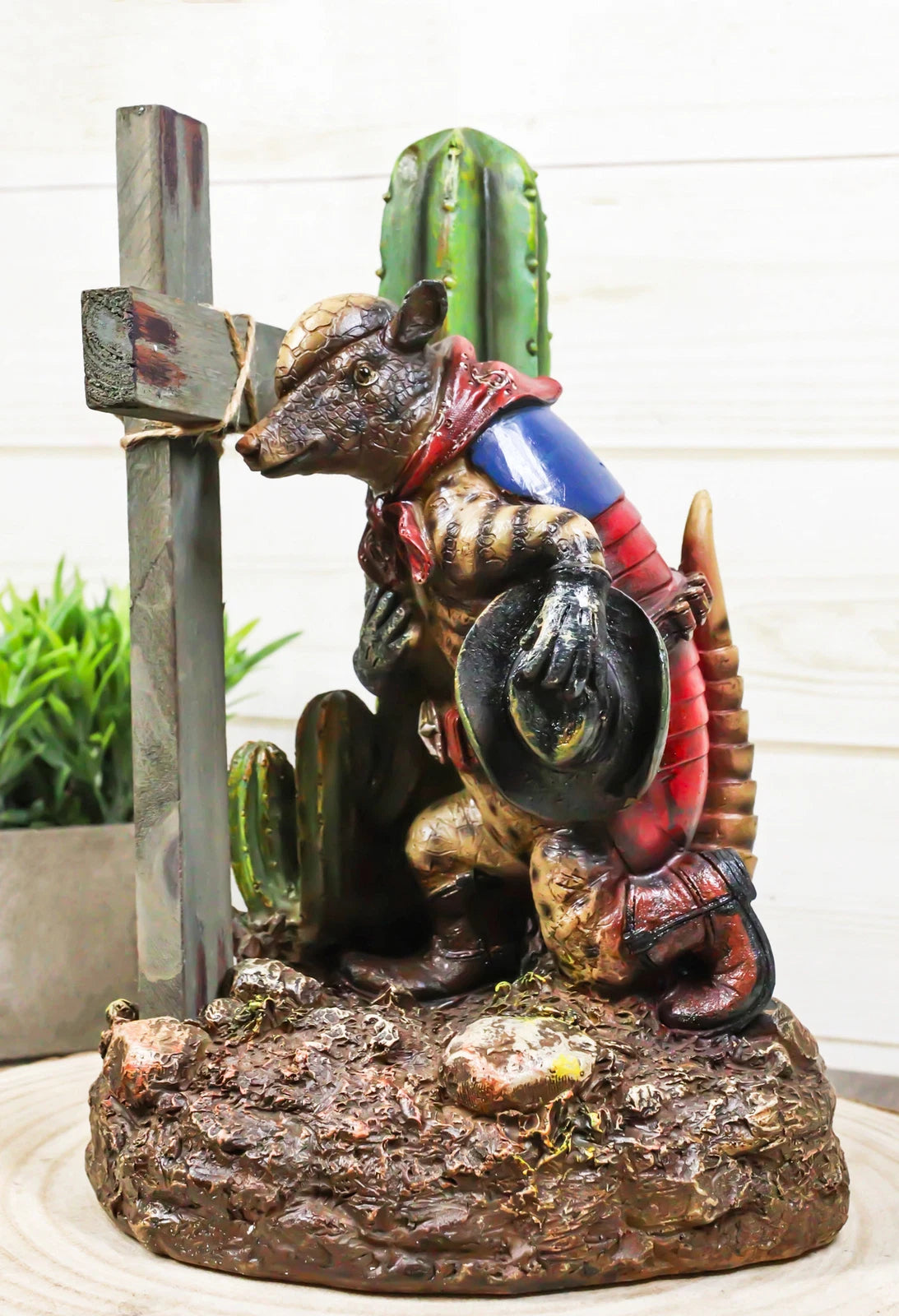 Rustic Western Armadillo Cowboy by Saguaro Cactus Praying By The Cross Figurine-1