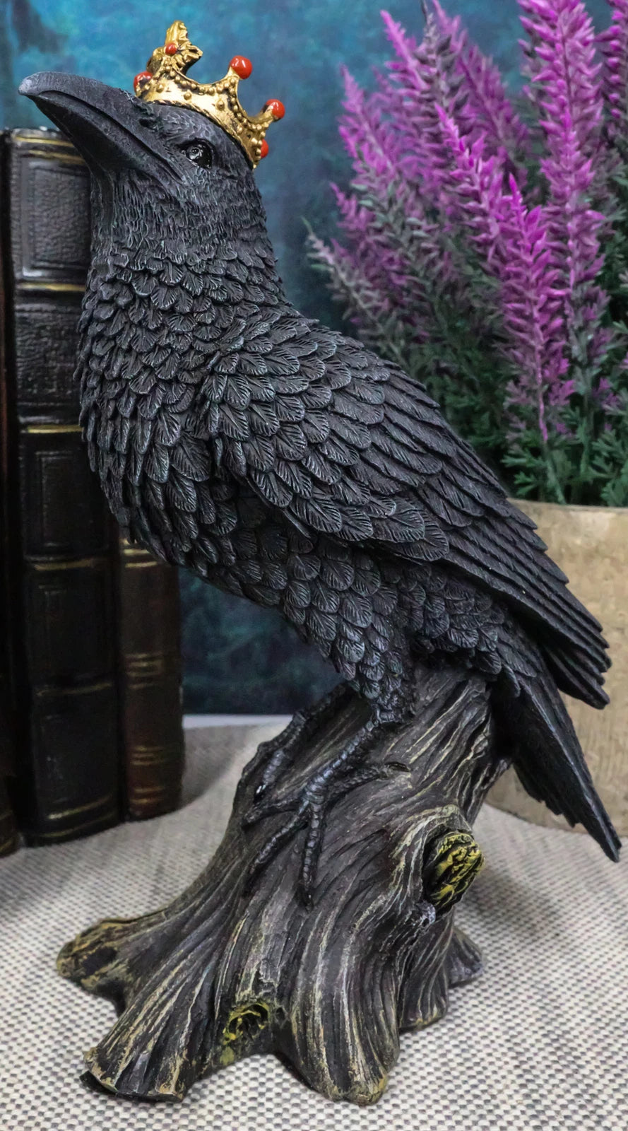Macabre Gothic Royal Crowned Raven King Perching On Tree Stump Figurine 6.5"H-2