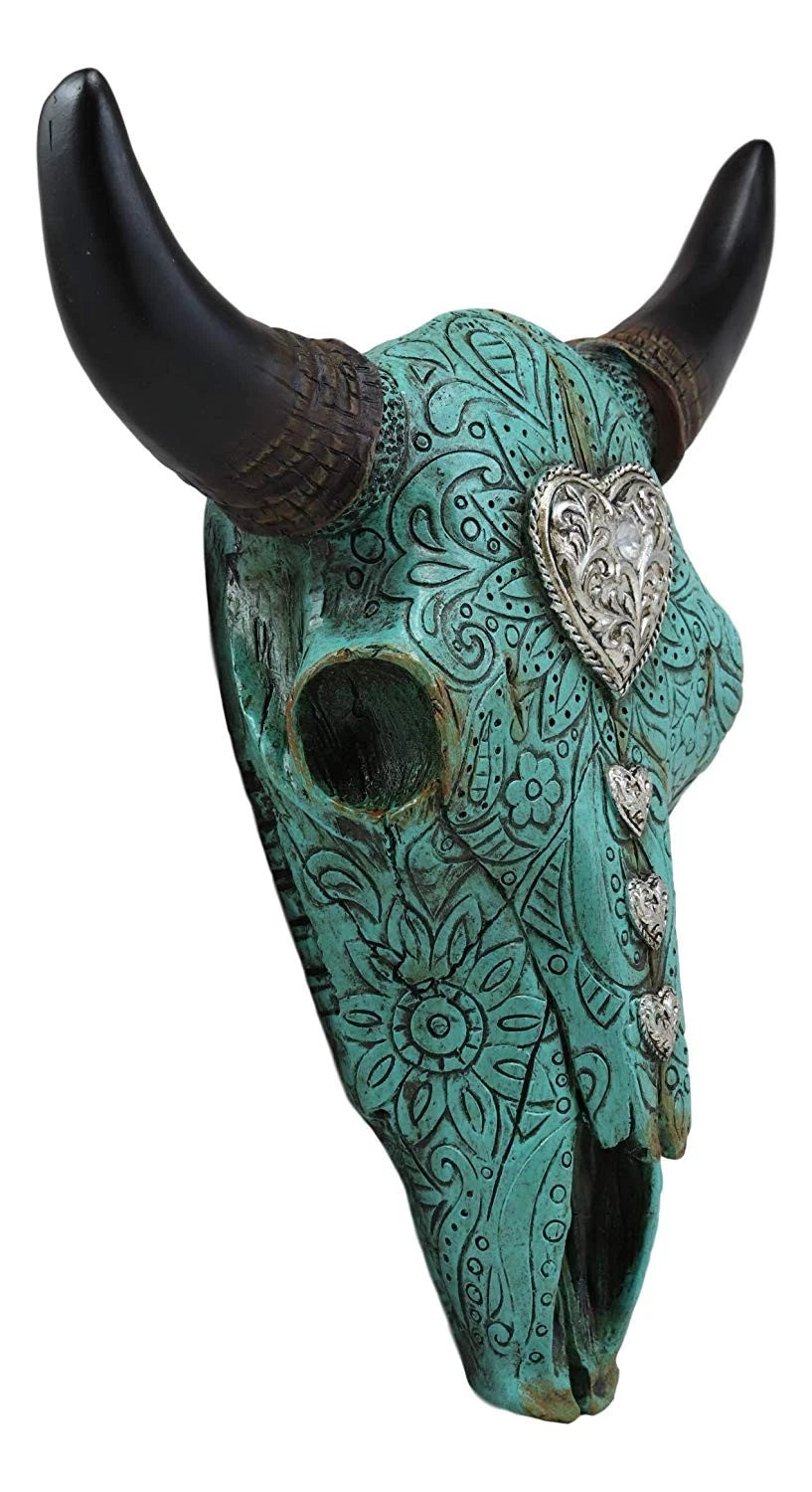 10"L Southwest Steer Bison Bull Cow Skull Turquoise With Scroll Heart Wall Decor-8