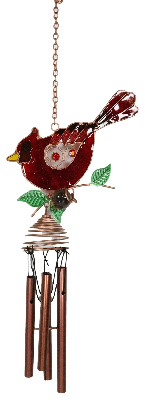 Stained Glass Red Cardinal Bird On Twig Copper Metal Wind Chime 24"Long-10