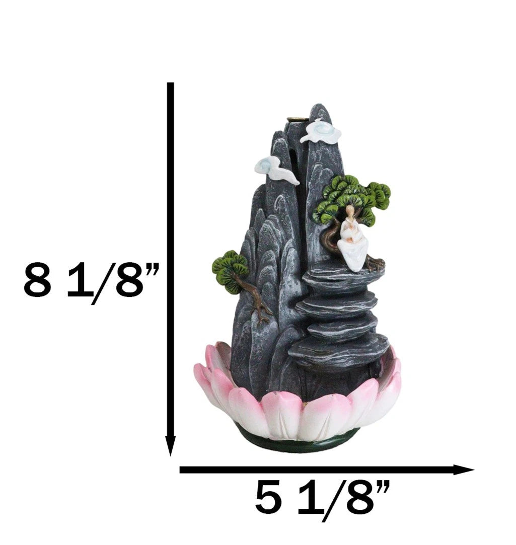 Zen Rocky Mountain Steppes With Monk On Giant Lotus Backflow Cone Incense Holder-9