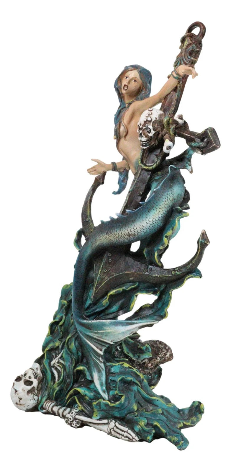 Siren Mermaid Holding Ship Anchor with Skulls On Ocean Waves Home Decor Figurine-9