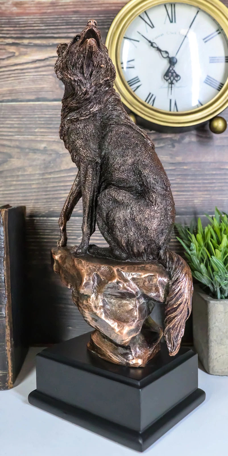 Rustic Moon Howling Alpha Wolf Sitting On Rocky Cliff Figurine With Trophy Base-7