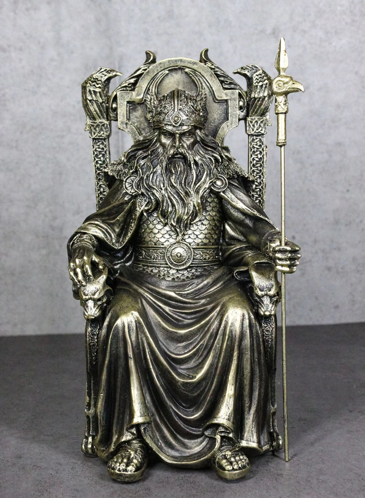 Norse Viking Odin The Alfather Sitting On A Throne with Raven Spear Statue-1