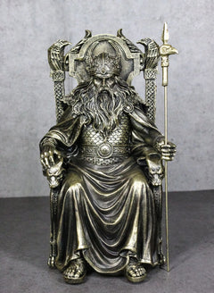 Norse Viking Odin The Alfather Sitting On A Throne with Raven Spear Statue-1