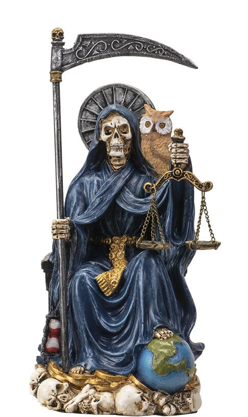 Seated Blue Santa Muerte With Scythe Scales of Justice And Wise Owl Figurine 9"H-8