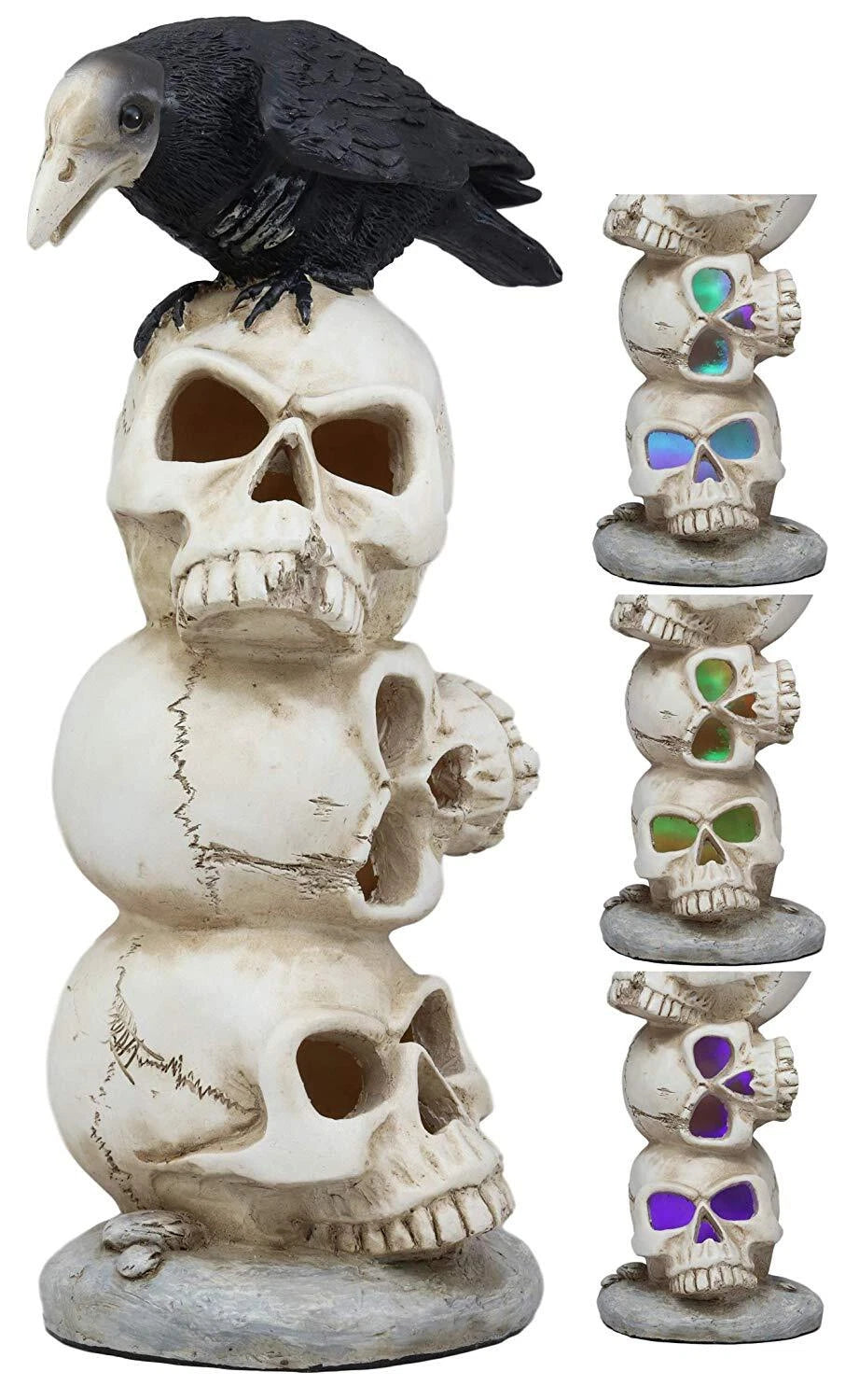 Gothic Raven Crow Bird Perching On Totem Stacked Skulls With LED Light Statue-7