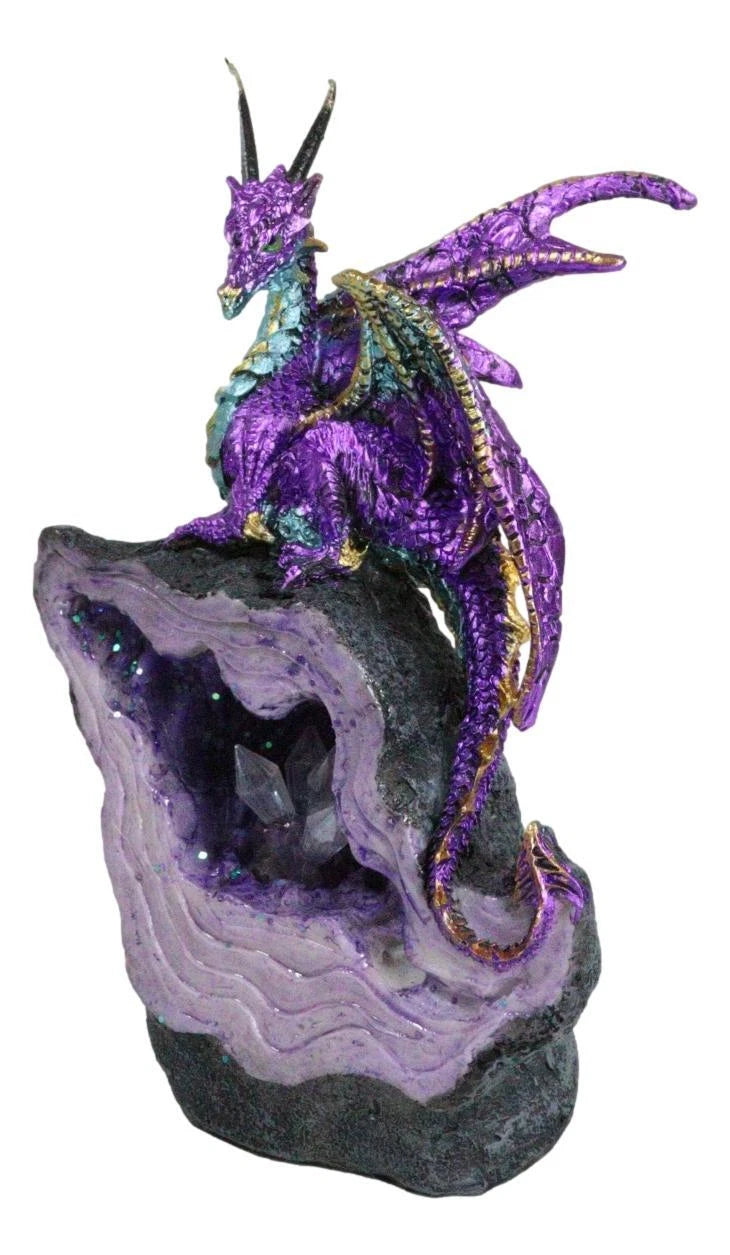 Metallic Purple Midnight Dragon On LED Light Faux Geode Crystal Rock Figurine-9