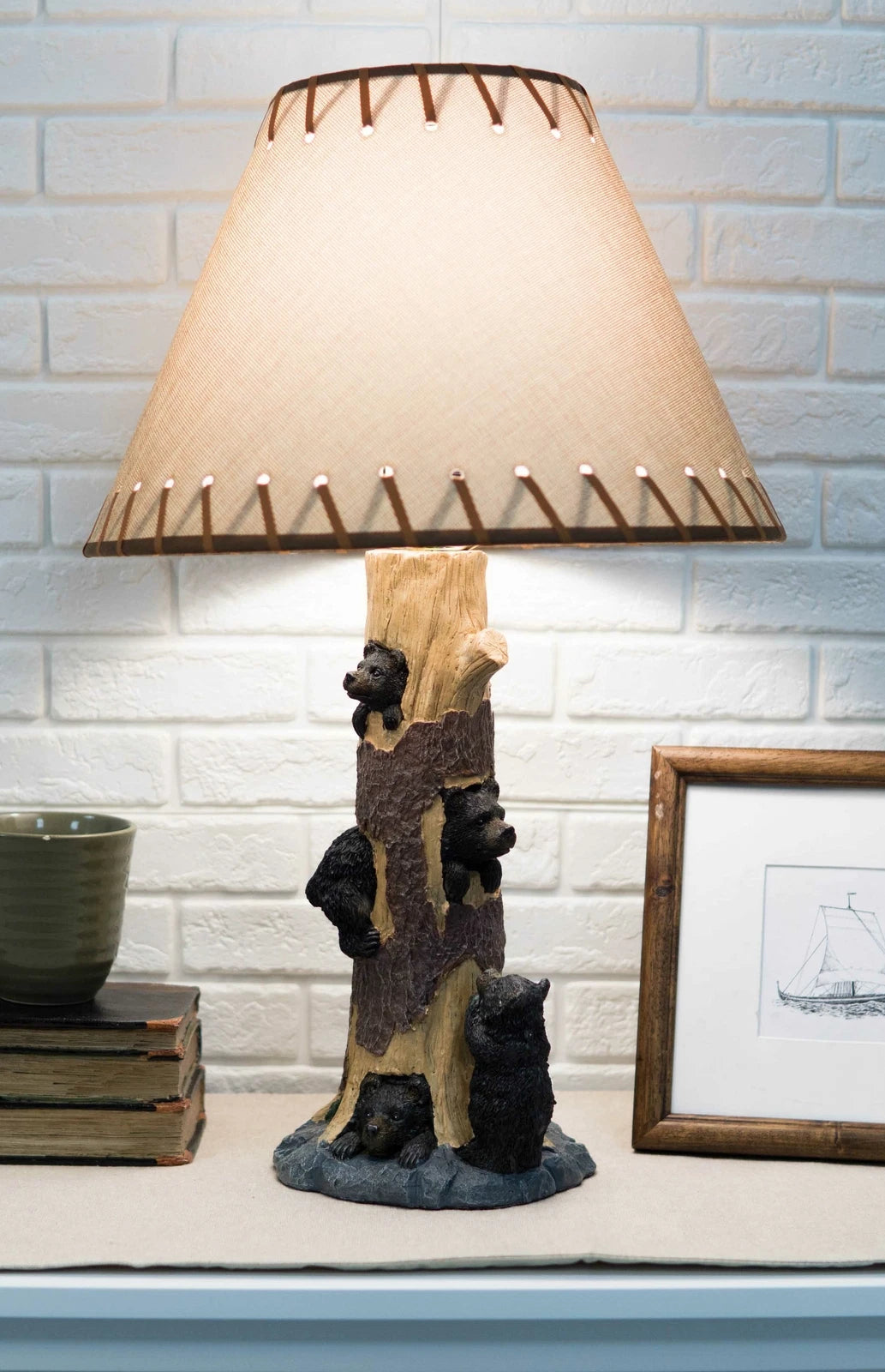 Rustic Black Bear Cubs Peekaboo Climbers by A Tree Table Lamp Statue With Shade-8