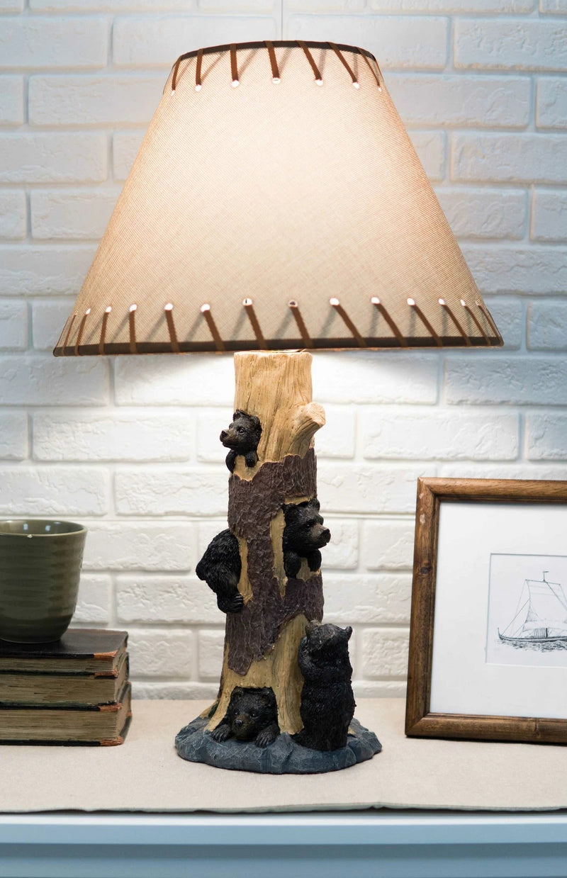 Rustic Black Bear Cubs Peekaboo Climbers by A Tree Table Lamp Statue With Shade-8