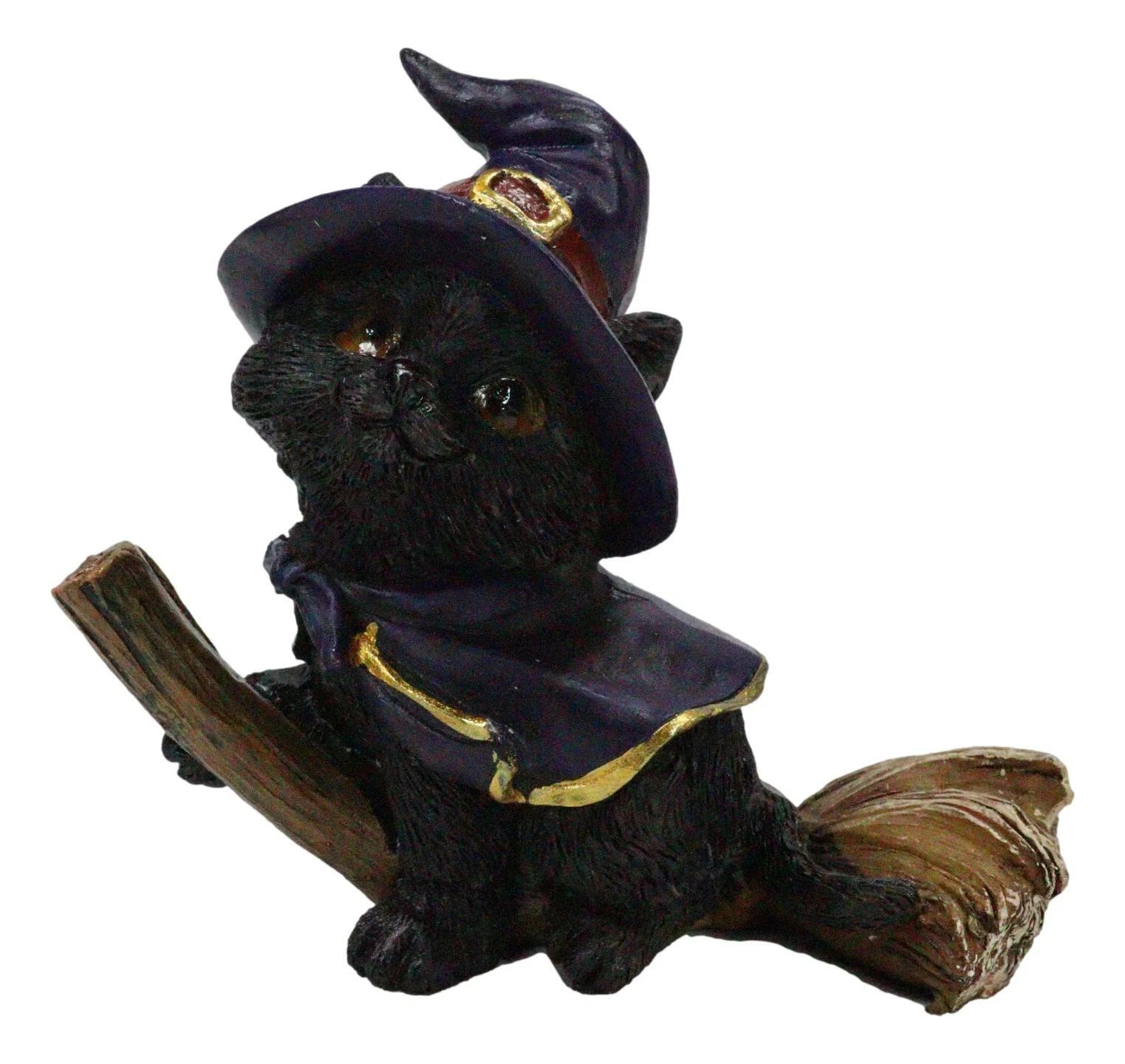 Halloween Black Cat with Witch Hat and Cape Riding Magical Broomstick Figurine-6