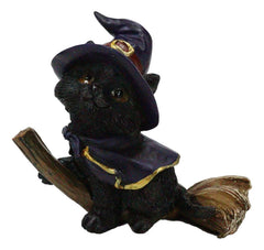 Halloween Black Cat with Witch Hat and Cape Riding Magical Broomstick Figurine-6