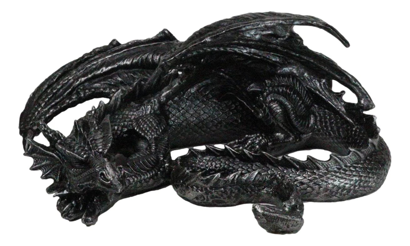 Figura coleccionable de dragón soma negro con cuernos de fantasía medieval en reposo, 28 cm de largo-9
